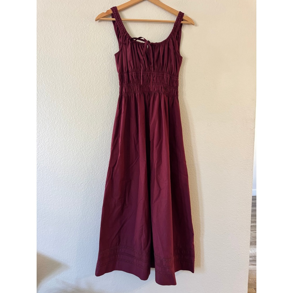 Ciao Lucia Sofia Smocked Eyelet Cotton Midi Dress XXS Burgundy Wine Excellent